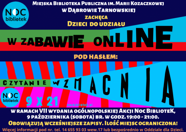 Plakat promujący zajęcia online w ramach Nocy Bibliotek 2021