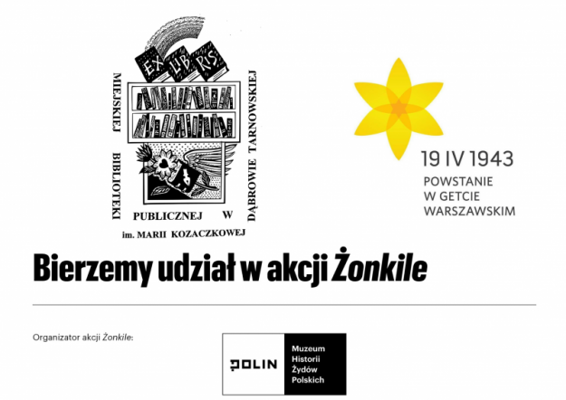 Plakat ekslibris biblioteki, żonkil napis bierzyemy udział w akcji Żonkile, organizator akcji żonkile Muzeum Historii Żydów Polskich POLIN