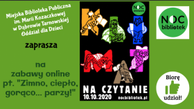 Plakat, na którym umieszczono nazwę biblioteki, zaproszenie, oficjalny plakat i logo "Nocy Bibliotek" 2020