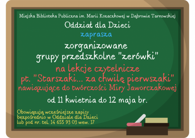 Zaproszenie na zajęcia czytelnicze dla przedszkolaków od 11 kwietnia do 12 maja 2023 roku, związane z twórczością Miry Jaworczakowej.